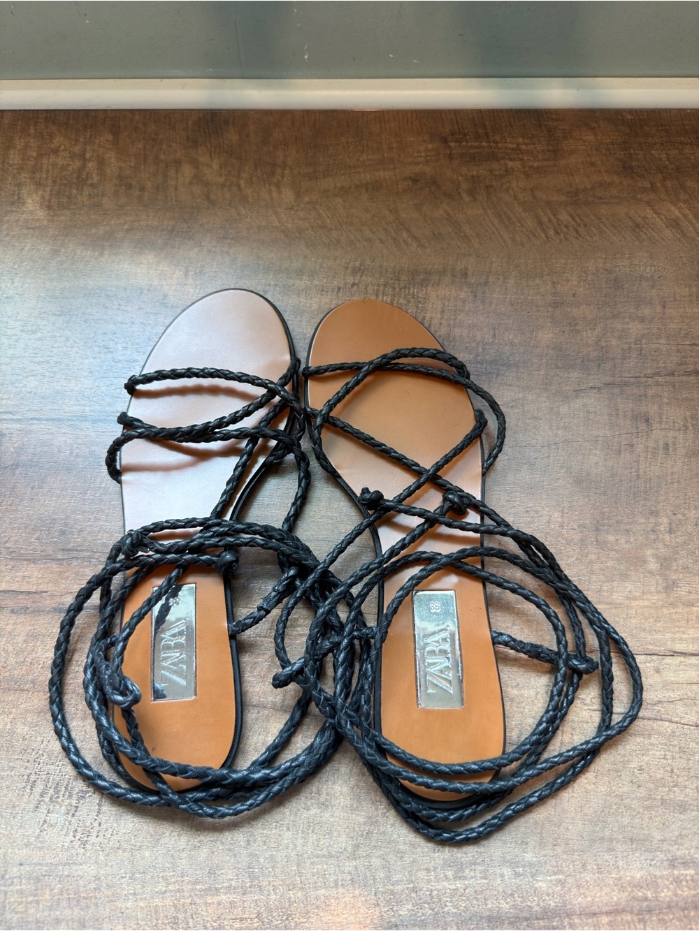 Zara Black Braided Lace-Up Sandals with Tan Footbed 38
